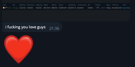 A screenshot showing a trading or analytics dashboard partially visible at the top with a Telegram-style message reading 'i fucking you love guys' at 21:36, accompanied by a large red heart emoji.