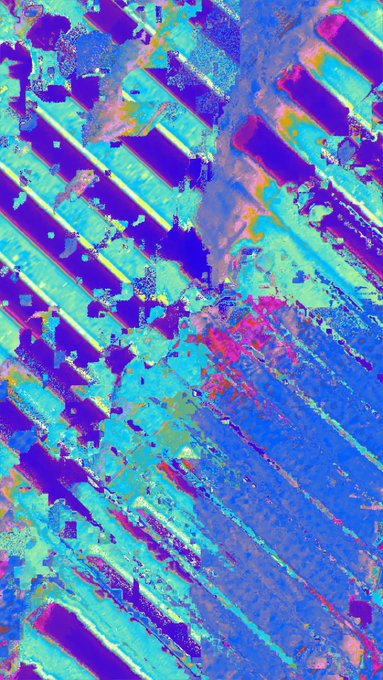 An abstract digital artwork featuring glitchy diagonal stripes in vibrant blues, cyans, purples, and pinks with scattered pixelated noise.