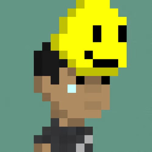 Pixel art portrait of a figure wearing a large yellow duck-like mask over their face, showing a tan neck and dark clothing against a teal background.