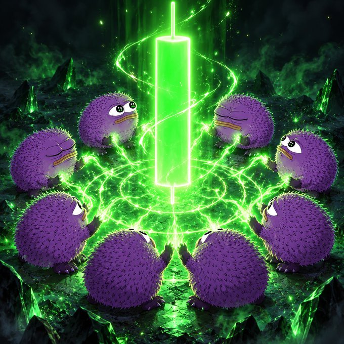 A digital illustration of seven purple, fuzzy, spherical creatures gathered in a circle around a glowing green obelisk, channeling green energy through glowing rings.