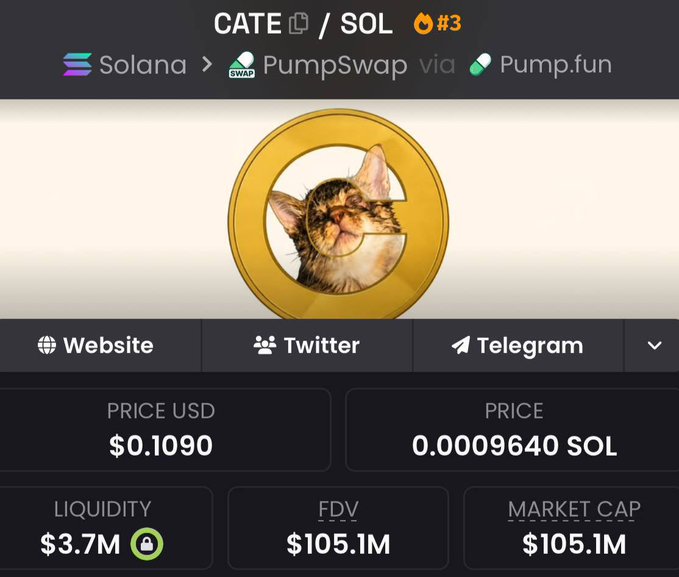 Cryptocurrency trading interface showing CATE/SOL token on Solana via PumpSwap with Pump.fun, displaying price of $0.1090 USD (0.0009640 SOL), liquidity of $3.7M, FDV of $105.1M, and market cap of $105.1M, with a logo featuring a cat inside a yellow coin.