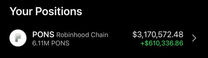 A Robinhood Crypto portfolio screenshot displays a holding of 6.11M PONS tokens on Robinhood Chain, valued at $3,170,572.48 with an unrealized gain of $610,336.86, shared in support of the post's comparison of $DEED to early $PONS as a promising utility token.