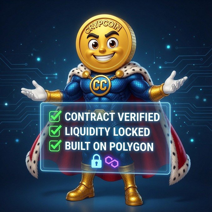 A cartoon golden coin mascot labeled "CRYPCOIN" wearing a blue armored suit and royal cape stands before a neon checklist displaying "✓ CONTRACT VERIFIED, ✓ LIQUIDITY LOCKED, ✓ BUILT ON POLYGON," visually reinforcing the post's message about transparency and security in the $CRYP token.