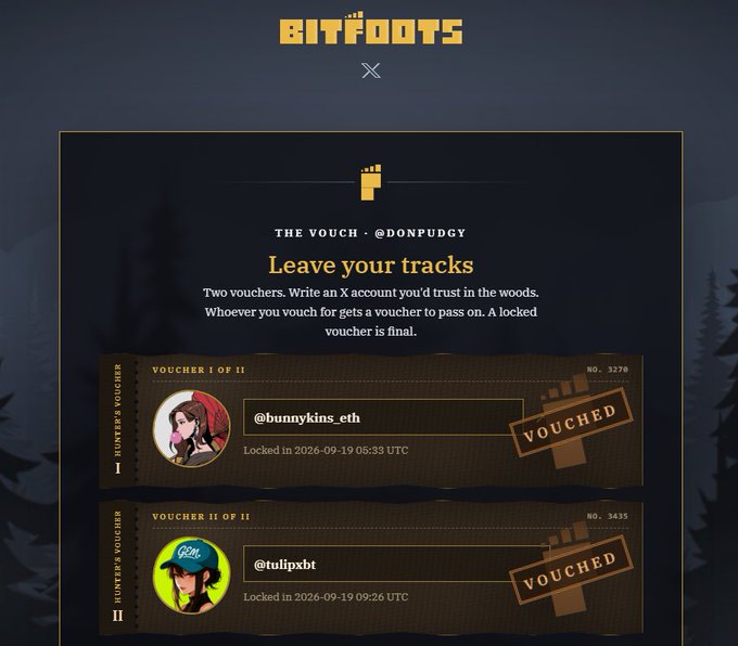 Bitfoots 'THE VOUCH - @DONPUDGY' voucher page titled 'Leave your tracks' showing two locked vouchers for @bunnykins_eth (No. 3278, locked 2026-09-19 05:33 UTC) and @tulipxbt (No. 3435, locked 2026-09-19 09:26 UTC).