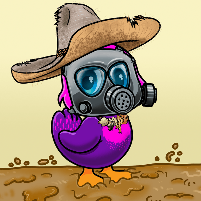 A cartoonish purple duck-like creature wears a tattered straw hat and a gray gas mask with blue eyes, standing in brown mud.