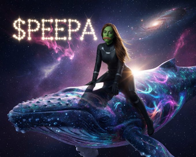 The image features a woman dressed as Peepal, wearing a black outfit with a green face mask, sitting atop a whale that has been rendered in shades of blue and purple. The background of the image is filled with stars and planets, creating an otherworldly atmosphere. The caption to the image reads "I'M SEARCHING FOR THE RIGHT WHALES TO RIDE THIS INTO OUTER SPACE. #memcoinszn #crypto #defi #altcoin #ct #cto".