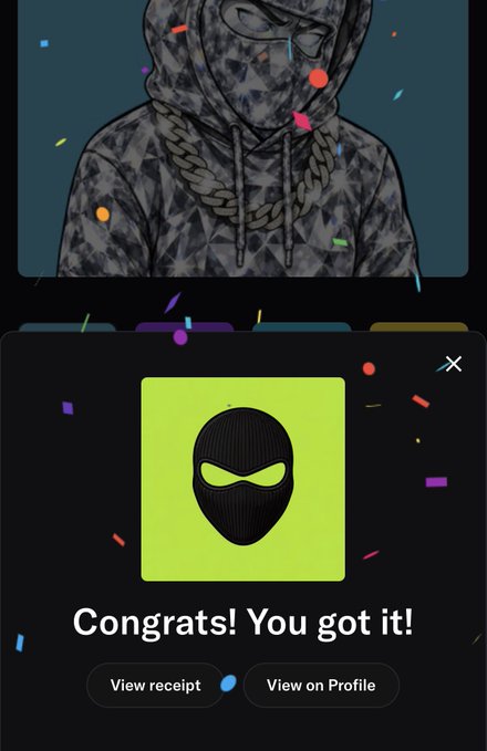A mobile app screenshot showing a profile with a ski mask avatar and a pop-up message reading 'Congrats! You got it!' with options to view receipt or profile.
