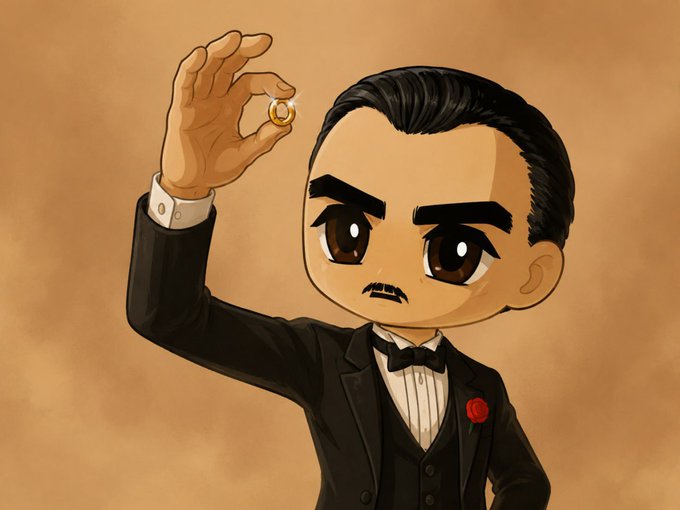 A chibi-style cartoon character resembling a young Al Pacino in *The Godfather* holds up a glowing gold ring between his fingers. The image humorously depicts the post's reference to a "precious $ANSEM bag" by portraying the coin as a treasured ring—similar to Michael Corleone's iconic godfather ring.