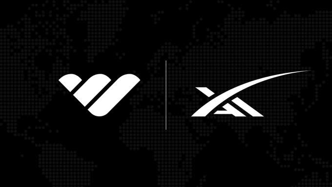 A minimalist black-and-white graphic featuring two stylized logo designs separated by a thin vertical line, displayed over a subtle dotted world map background. The design suggests a partnership or brand collaboration fitting the "W @whop" post reference.
