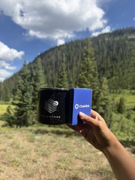 A hand holding a small blue and black 'Chainlink' box with an Ethereum logo against a backdrop of green pine trees and a cloudy blue sky in a mountainous landscape.