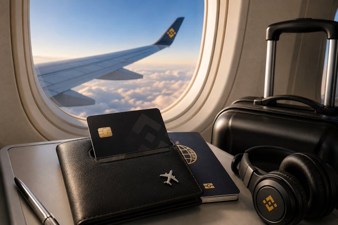 Laptop and passport on a tray table by an airplane window with a black suitcase and headphones nearby.
