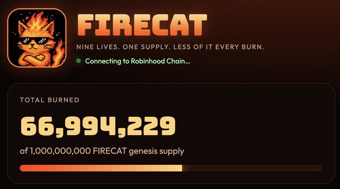 A digital dashboard for "FIRECAT" featuring a pixelated cat with sunglasses engulfed in flames, displaying the tagline "NINE LIVES. ONE SUPPLY. LESS OF IT EVERY BURN." and showing a total burned count of 66,994,229 out of a 1,000,000,000 FIRECAT genesis supply.