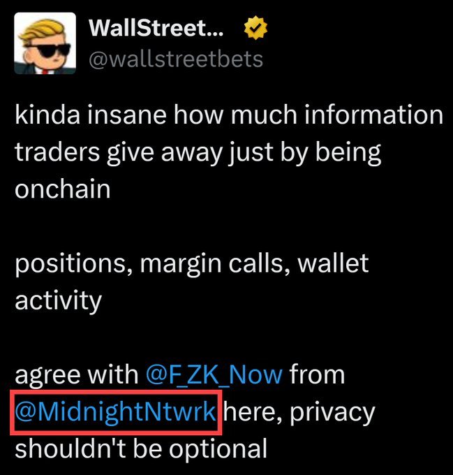 A screenshot of a verified WallStreetBets (@wallstreetbets) tweet commenting on how much information crypto traders reveal through onchain activity—including positions, margin calls, and wallet activity—and agreeing with @FZK_Now from @MidnightNtwrk that "privacy shouldn't be optional," highlighting the growing WSB endorsement of the Midnight Network.