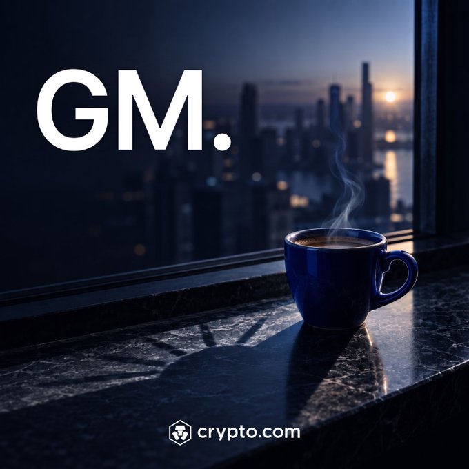 A steaming cup of coffee sits on a marble windowsill overlooking a city skyline at dawn, with "GM." in bold white letters and the crypto.com logo displayed at the bottom—perfectly capturing the morning ritual of coffee before checking crypto holdings.