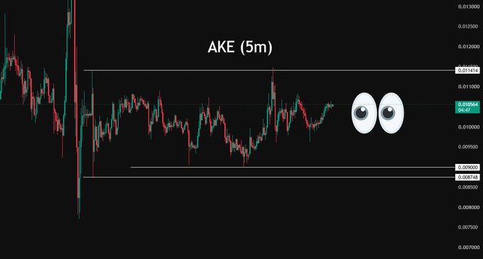 A 5-minute candlestick chart of $AKE/USDT showing price consolidating between 0.009000 and 0.011414, with eyes emoji indicating the trader is watching for a liquidity sweep.