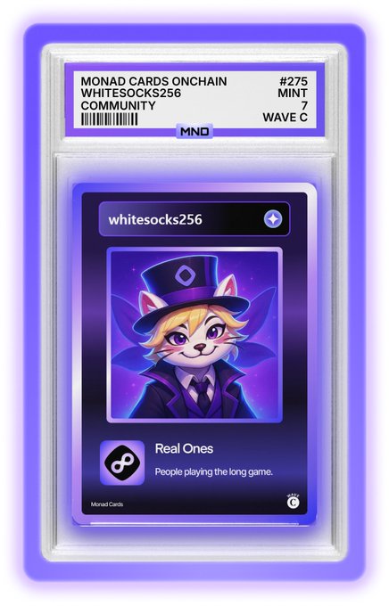 A Monad Cards Onchain digital collectible card #275 from Wave C, featuring the username 'whitesocks256' with an anime-style cat character in a top hat labeled 'Real Ones.'