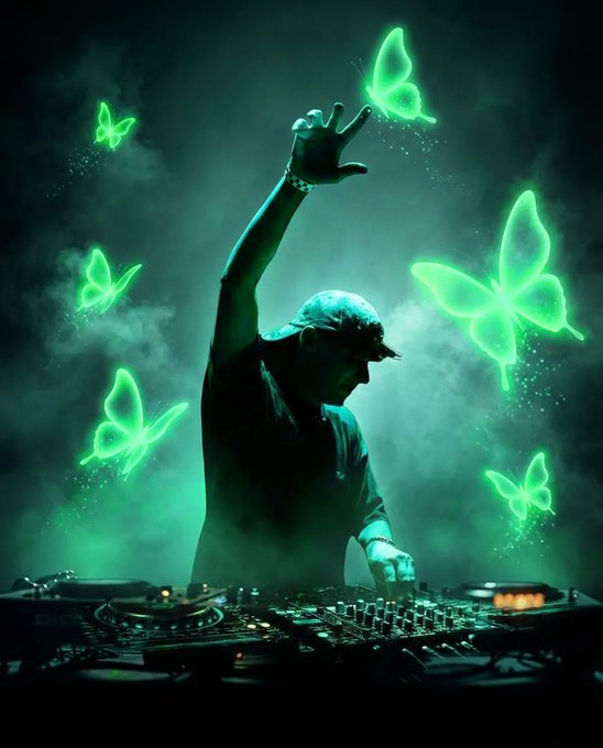 A DJ wearing a cap raises his hand among glowing green butterflies swirling through smoky air above his decks, embodying the post's theme—"Some melodies don't echo. They take flight"—as the music transforms into luminous, winged creatures rising from the turntables.