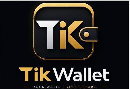 The image shows the "TikWallet" logo—a gold and black wallet icon with the letters "TK"—above the tagline "YOUR WALLET. YOUR FUTURE." This logo aligns with the post's announcement of TikWallet's upcoming launch within the Tikcoin/Tikchain ecosystem.