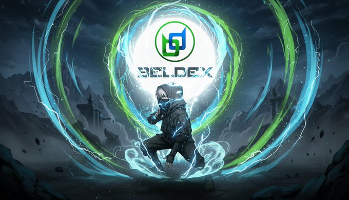 A hooded figure wielding crackling energy stands before a glowing portal displaying the Beldex logo and "BELDEX" text, visually evoking the decentralized privacy network's suite of products mentioned in the post. The image's futuristic, anonymous aesthetic reinforces Beldex's core offerings—BChat's private messaging, BelNet's decentralized routing, and BNS's KYC-free .bdx domains—which the post emphasizes all "actually work" without compromising user privacy.