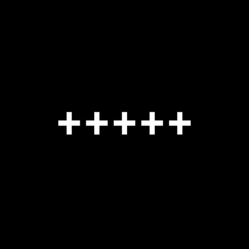 Five white plus signs arranged horizontally on a solid black background.