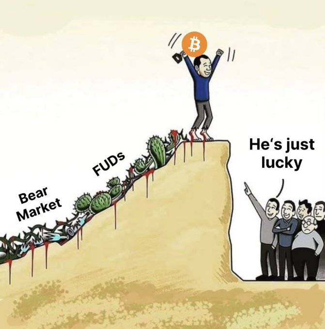 A cartoon depicts a man holding a Bitcoin symbol triumphantly atop a cliff, having climbed through obstacles labeled "Bear Market" and "FUDs" (potted cacti), while onlookers dismissively remark "He's just lucky," reinforcing the post's message that those doubting Bitcoin holders will soon be proven wrong.