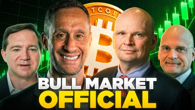 Four men are shown in front of a Bitcoin logo and green candlestick chart, with bold text reading "BULL MARKET OFFICIAL," visually reinforcing the post's announcement of Bitcoin breaking $85K and the collapse of the bear market case.