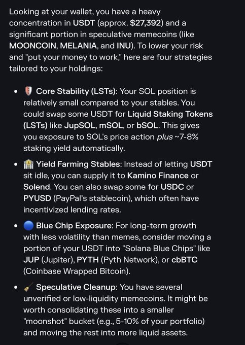 A text-based financial advisory message analyzing a wallet with heavy USDT concentration and suggesting strategies including Core Stability (LSTs), Yield Farming Stables, Blue Chip Exposure, and Speculative Cleanup.