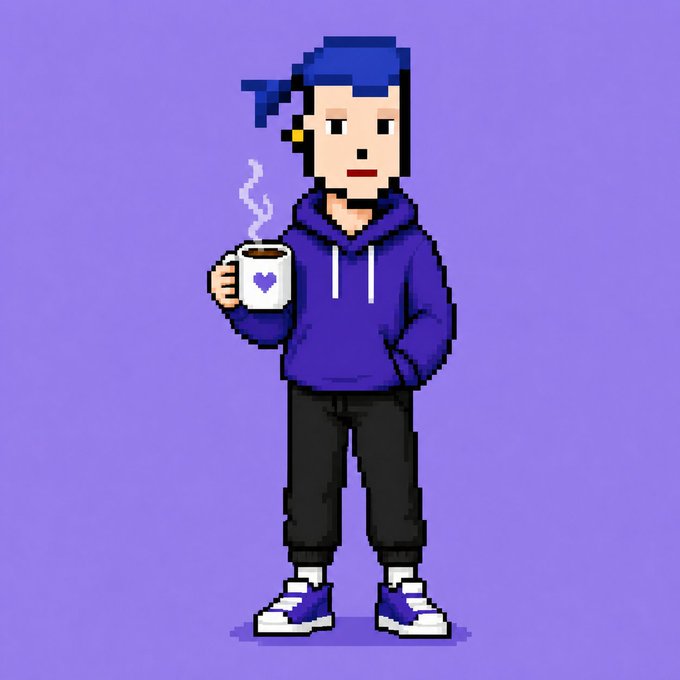 A pixel art character with blue hair in a ponytail wearing a purple hoodie, black pants, and purple sneakers while holding a steaming mug on a purple background.