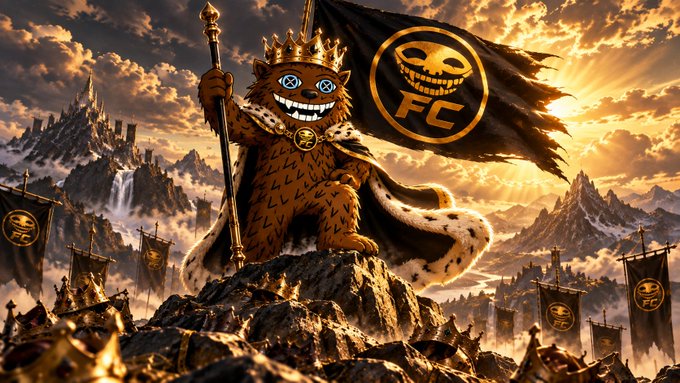 A crowned, grinning bear-like mascot holds a staff and a black flag with a skull logo and the letters 'FC' while standing on a rocky peak under a sunset sky.