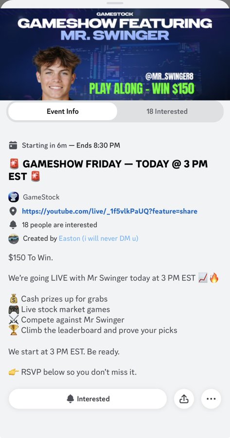 A Facebook event page for 'GAMESHOW FEATURING MR. SWINGER' by GameStock (@MR_SWINGER8), offering $150 to win, scheduled for 3 PM EST on a YouTube livestream.