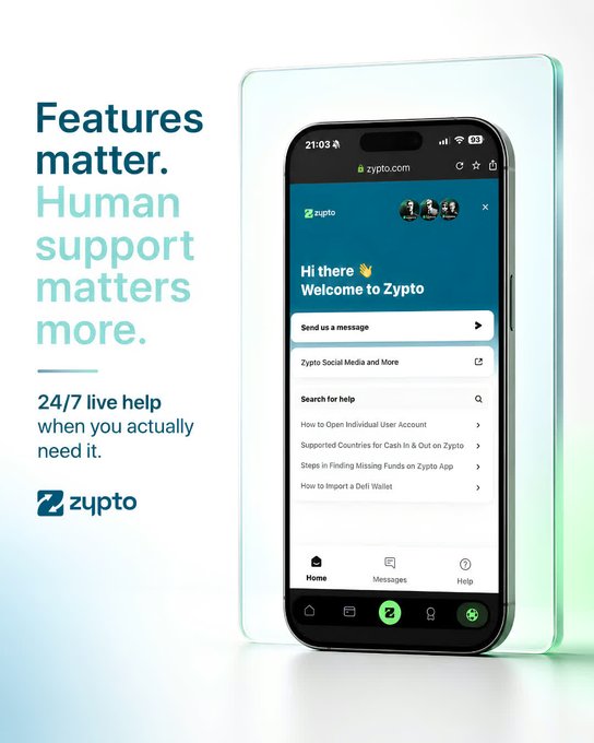 A promotional graphic for Zrypto's customer support service, featuring a smartphone displaying the Zrypto.com help interface with text reading 'Features matter. Human support matters more. 24/7 live help when you actually need it.'