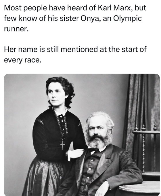 The image shows a historical black-and-white photograph of Karl Marx (seated) with a woman standing beside him, accompanied by text claiming she is his sister "Onya," an Olympic runner whose name is recited at the start of every race. This is a well-known humorous meme that plays on the phrase "On your marks" (commonly announced before races), making it sound like "Onya Marx."

The accompanying post from "Jeff" appears unrelated to the meme itself, instead announcing a cryptocurrency (USDT) giveaway winner and asking the recipient to send proof of receipt via DM, likely part of a promotional giveaway campaign.

There is no actual connection between the image and Jeff's post—they appear to be entirely separate content coincidentally shared together.