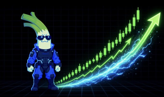 An animated character with a blonde topknot and sunglasses stands beside a glowing green candlestick chart trending sharply upward with a large arrow.