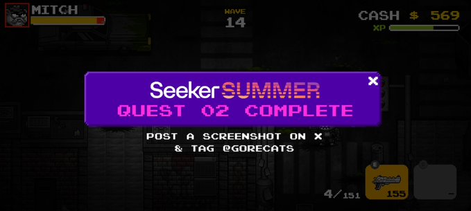 A video game screenshot showing a purple quest completion banner reading "Seeker SUMMER QUEST 02 COMPLETE" with stats showing "WAVE 14" and "CASH $569".