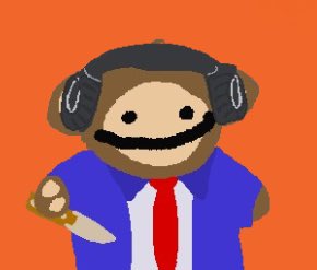 A pixel-art monkey character wearing headphones, a blue shirt, and a red tie, holding a knife against an orange background.