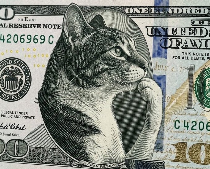 A detailed engraving of a tabby cat in the style of US currency, with 'UNITED ONE HUNDRED' and 'OF AM' visible, suggesting a parody of the $100 bill.