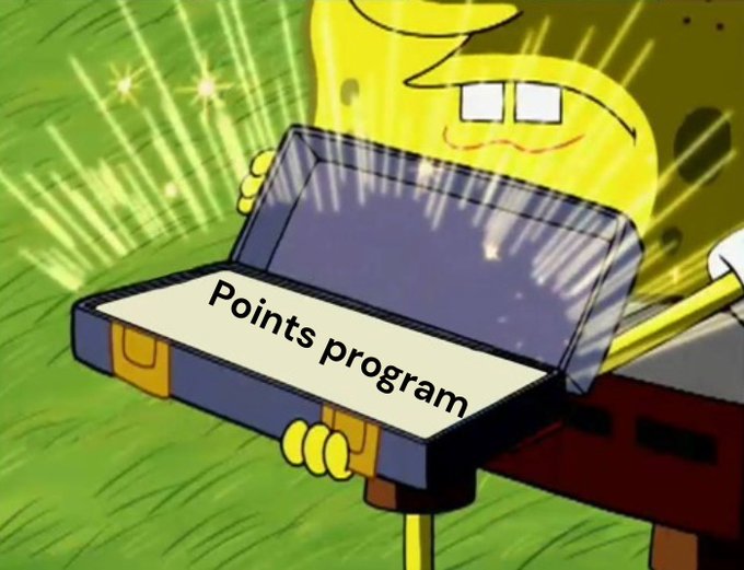A SpongeBob SquarePants meme showing a starstruck character holding open a briefcase labeled 'Points program', with light radiating from inside.