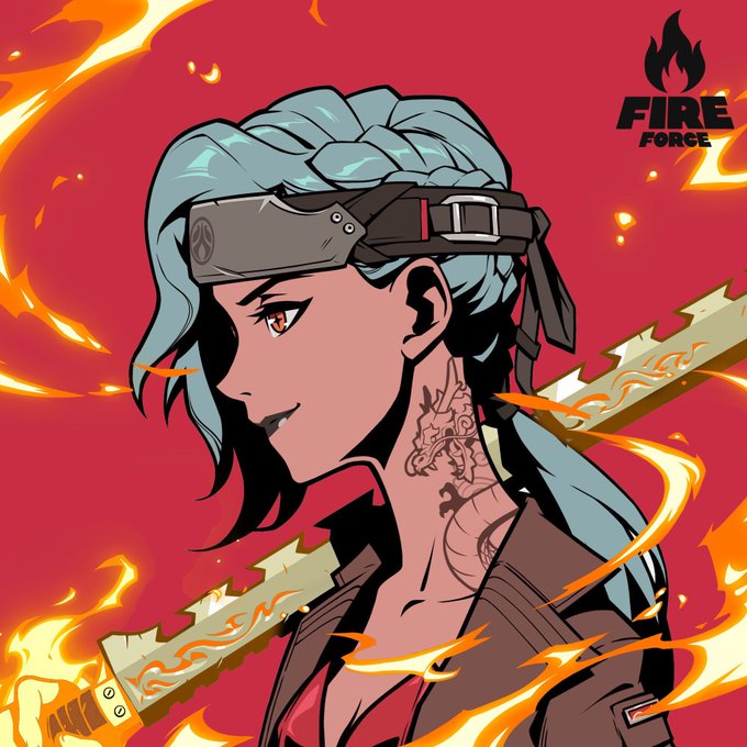 An anime-style illustration of a blue-haired female warrior with a blindfold, tattoos, and a sword, surrounded by flames, branded with the 'FIRE FORCE' logo in the upper right.