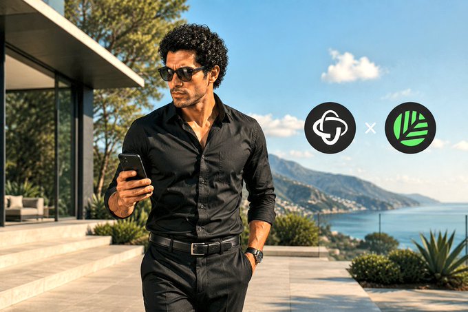 The image features a man dressed in a black shirt, standing outside of a building with his hand holding a cell phone. The man appears to be looking at or using the phone while he stands there. In front of him, there are two plants - one on each side of the frame. The background includes a view of water and mountains, creating an outdoor setting for this scene.