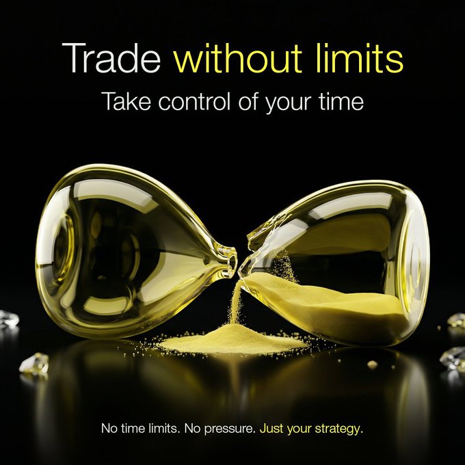 The image is a sleek black promotional graphic with the text "Trade without limits" and "Take control of your time" at the top, and "No time limits. No pressure. Just your strategy." at the bottom, featuring a golden hourglass with sand spilling out. It connects to the post by visually emphasizing the "5 hours" time limit mentioned in the giveaway, reinforcing themes of speed and time pressure to prompt quick engagement from potential participants.