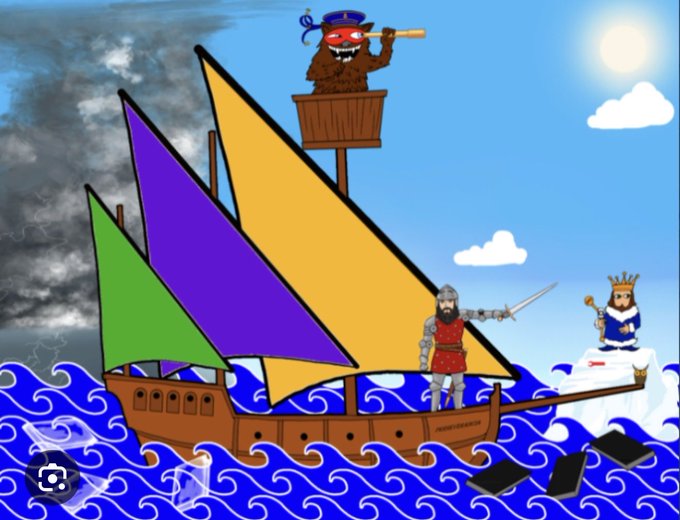 A cartoon illustration of a ship with colorful sails on stormy seas, featuring a pirate in the crow's nest looking through a telescope, a knight on the bow, and a king on an iceberg to the right.