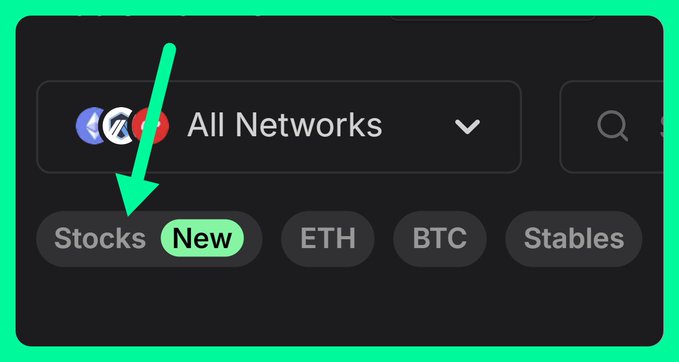 A dark-themed app interface shows a dropdown menu labeled 'All Networks' with network category tabs including 'Stocks' (marked 'New'), 'ETH', 'BTC', and 'Stables', with a green arrow pointing to the Stocks option.