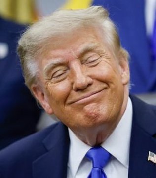 President Donald Trump smiles with his eyes closed, wearing a dark navy suit, white shirt, and blue tie, in what appears to be an official setting. The image relates to the breaking news that Senate Republicans expect the Clarity Act to fail as Democrats demand crypto ethics provisions addressing Trump's family.