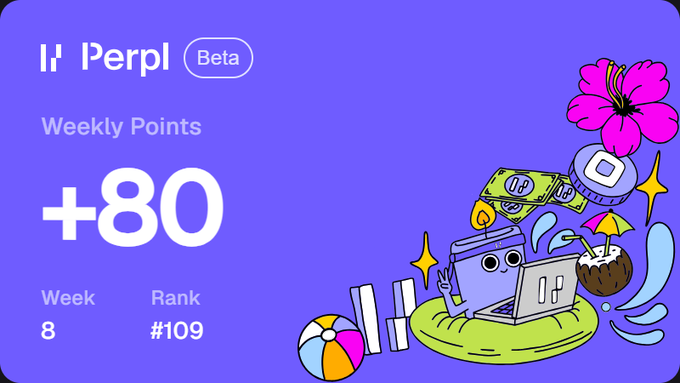 The image shows a Perpl Beta dashboard card displaying "Weekly Points +80" for Week 8, Rank #109, featuring playful illustrations of tropical and trading elements like a hibiscus, beach ball, money, and a laptop with charts. The visuals complement the post's update by celebrating Perpl's milestone of earning 80 weekly points and its growing dominance as a flagship trading venue on the Monad network.