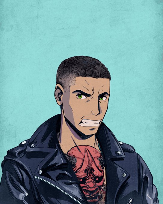 An animated illustration shows a stern man with short dark hair and green eyes wearing a black leather jacket, revealing a red oni mask tattoo on his chest.