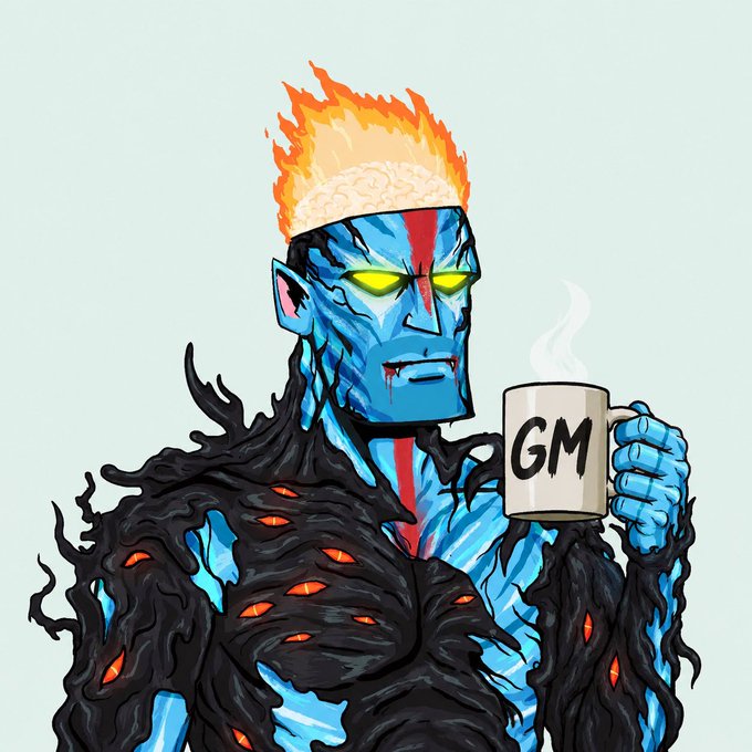 A blue-skinned demon-like character with fiery hair, glowing yellow eyes, and a cracked black body marked with glowing red lines, casually holds a steaming white mug labeled "GM." The "GM" on the mug perfectly matches the post's greeting, while the character's menacing yet relaxed pose humorously contrasts with the casual "how is your day going?" vibe of the caption.