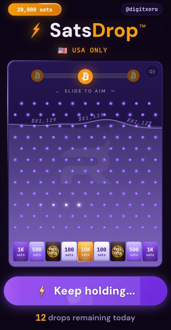 A screenshot of a mobile game called 'SatsDrop' showing '20,000 sats' at the top, 'USA ONLY', a Plinko-style game board with Bitcoin prize tiers at the bottom, and a 'Keep holding...' button.