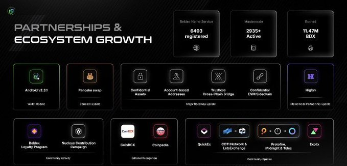 A digital dashboard titled 'PARTNERSHIPS & ECOSYSTEM GROWTH' displaying metrics like '6403 registered' and '11.47M BDX Burned', along with partner logos.