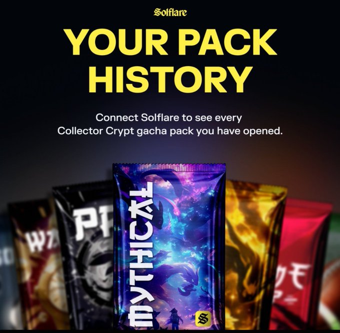 An advertisement displaying "Solflare" and "YOUR PACK HISTORY" featuring colorful gacha pack designs including one labeled "Mythical".