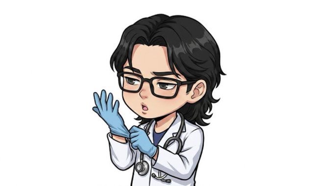 A cartoon illustration of a female doctor or scientist with black hair and glasses, wearing a white lab coat and blue gloves, appearing to examine her hand.